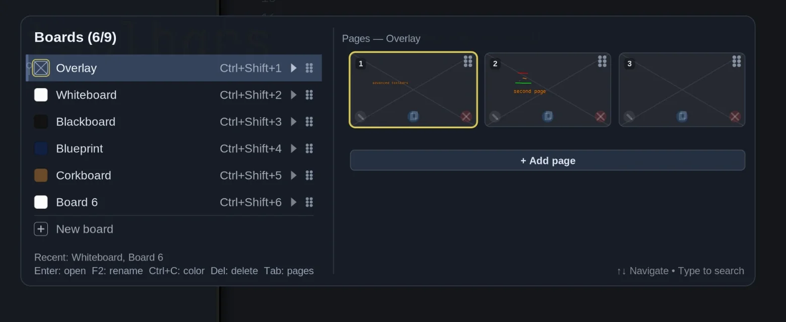 Board picker listing overlay, whiteboard, blackboard, blueprint and corkboard boards with page thumbnails