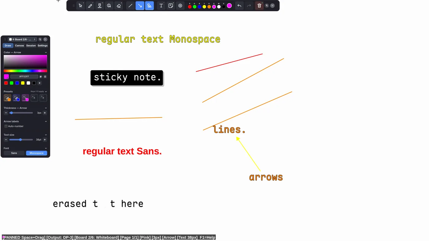 Whiteboard mode with text, sticky note, lines and arrows, with the optional legacy side panel enabled