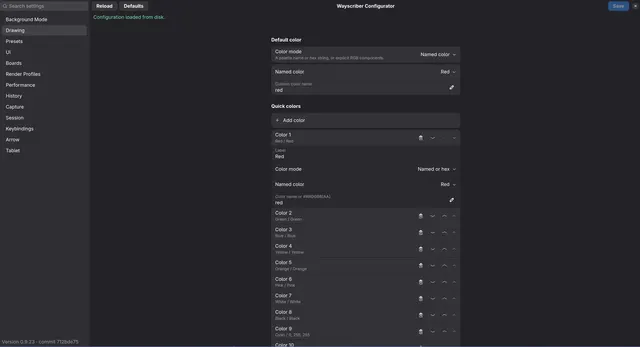 Wayscriber Configurator Colors page with default and quick colors