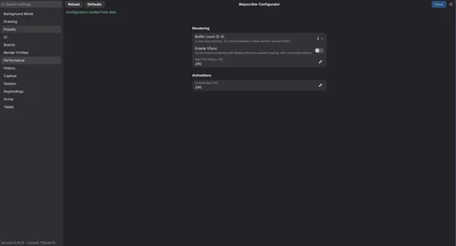 Wayscriber Configurator Rendering page with buffer and animation settings
