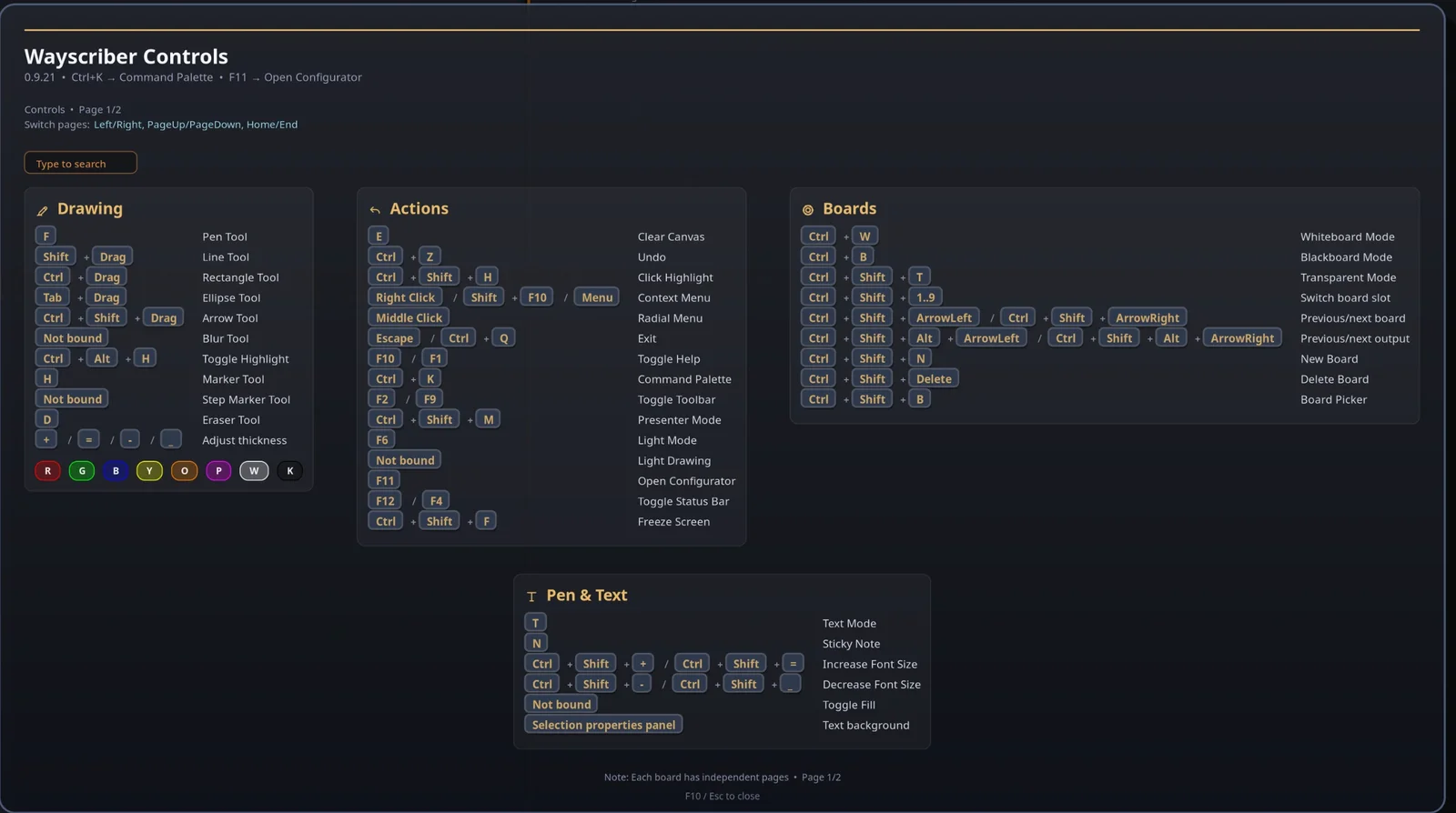 In-app help overlay listing drawing, action and board shortcuts