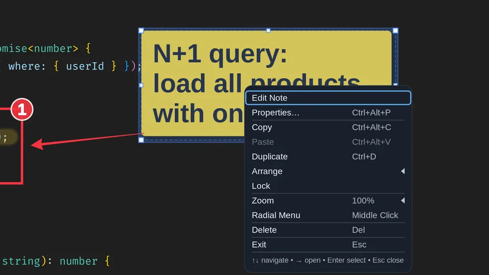 Context menu beside a selected sticky note with edit, copy, duplicate, arrange, lock, zoom and delete