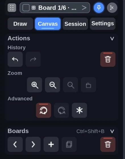 Deprecated legacy side panel Canvas tab with history, zoom, boards and pages