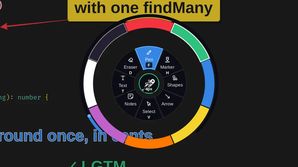 Radial menu at the cursor with pen, marker, shapes, arrow, select, notes, text and eraser around a color ring