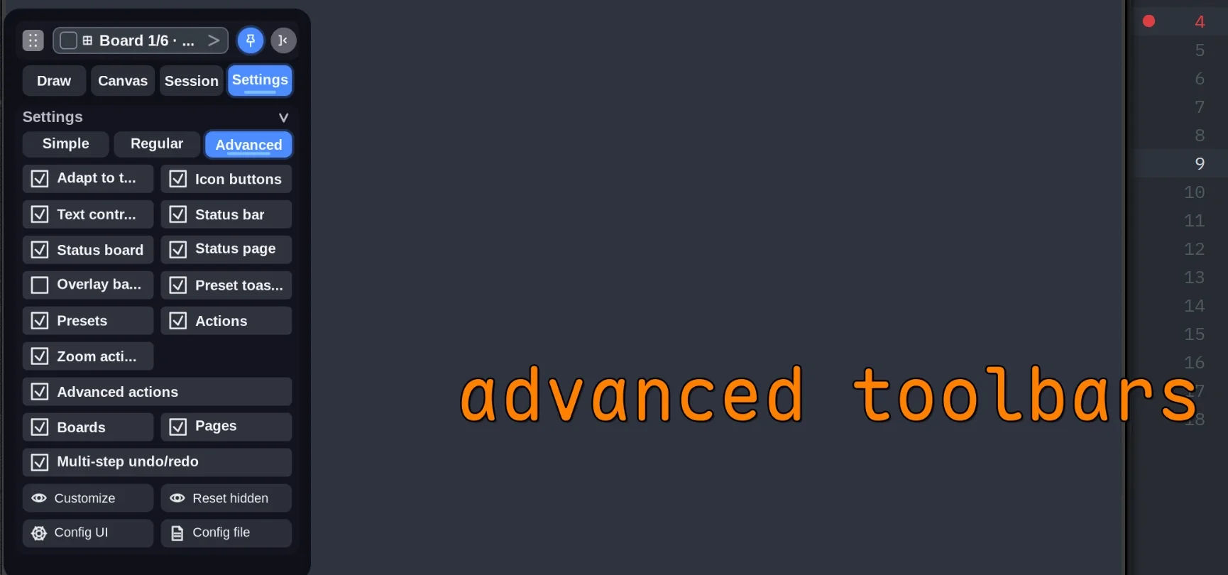 Deprecated legacy side panel Settings tab with simple, regular and advanced modes